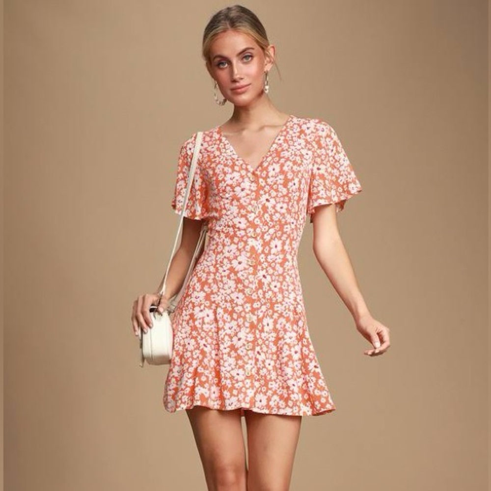Lulu’s Magnolia Orange Floral Print Button Front Mini Dress Size M